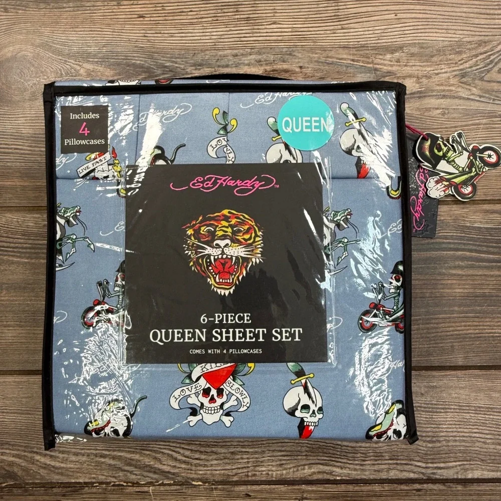 Ed Hardy Queen Sheet Set‎ 6 Piece Blue Tattoo Print Skulls Dagger New
